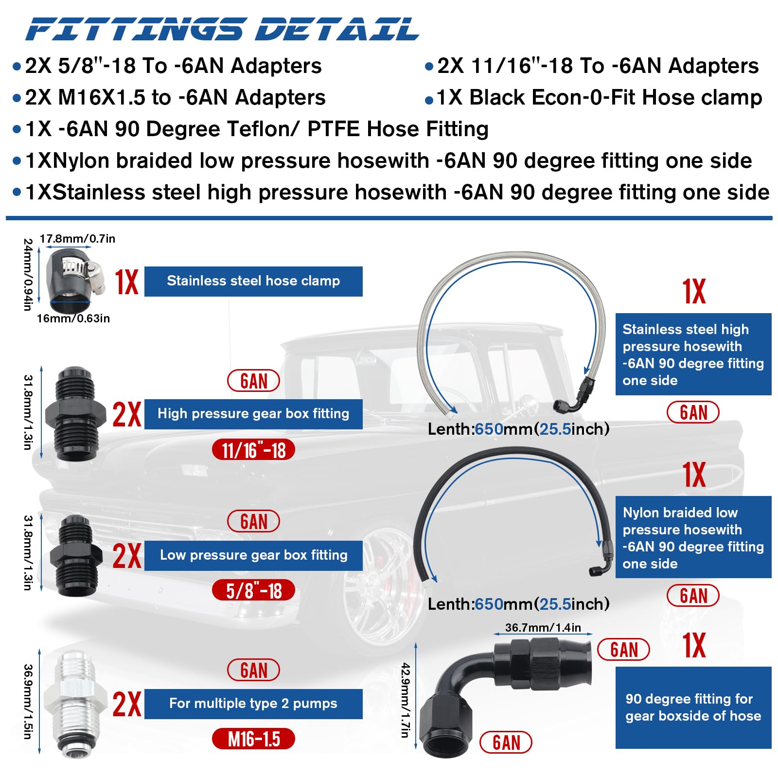 6AN Power Steering Hose Kit 25" for Chevy C10 LS Swap